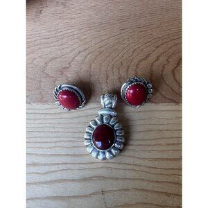 Sterling Silver Red Coral Pendant Earrings Set Southwestern